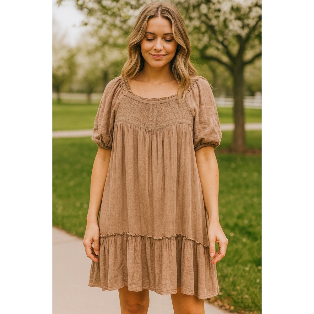 In Loom‎ Womens Smocked Lace Trim Babydoll Mini Dress Taupe Brown Cottagecore